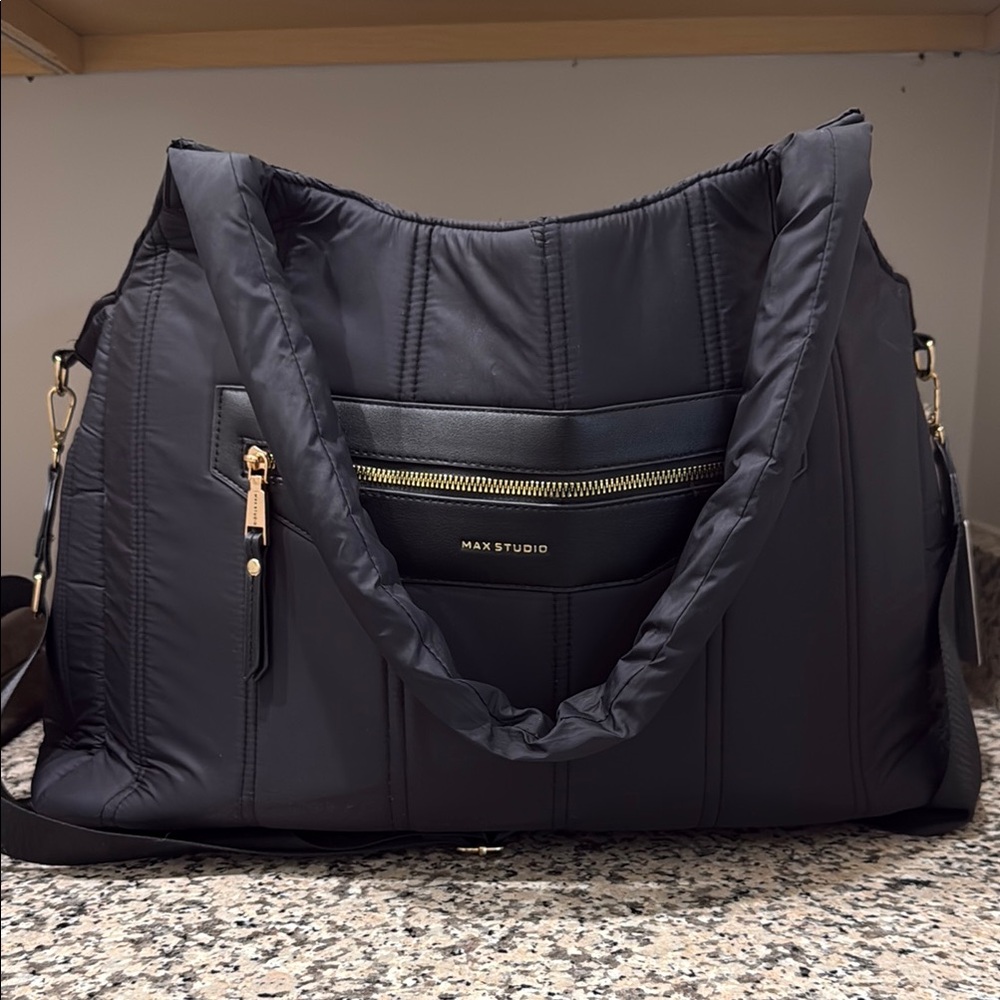 Max Studio Quilted Oversized Tote Bag | Black Nylon & Gold Zip | Chic & Spacious